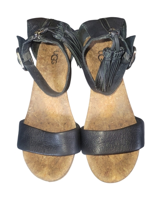 UGG Shoes - UGG Zoe Black Leather Cork Wedge Sandals with Tassel Ankle Strap Back Zipper Sz7